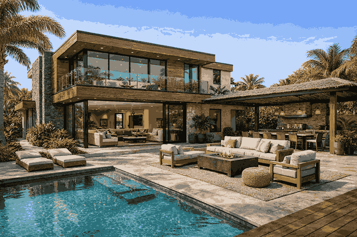 The same home rendered by Copilot in the Tropical Resort style