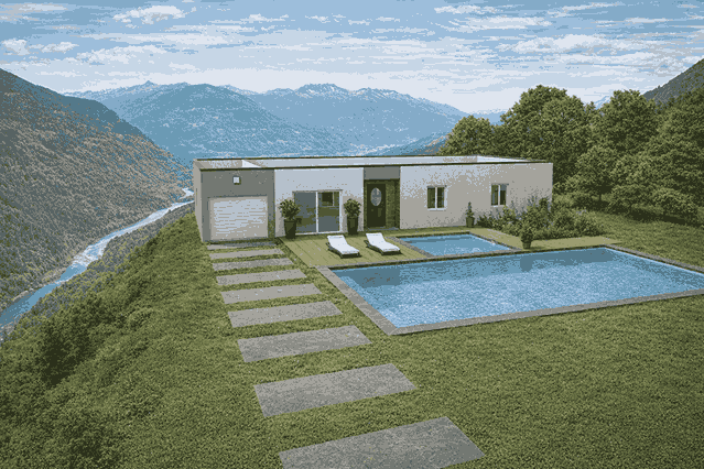Visualizing the Design in a Mountain Valley Setting, rendered by Copilot