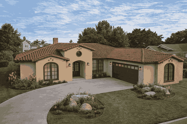 House and garden, rendered by Copilot